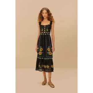 Black Cross Stitch Sunflower Richelieu LENZING™ ECOVERO™ Euroflax™ Midi Dress